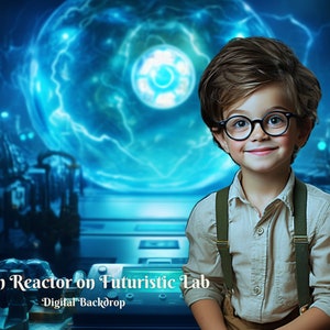 May include: A young boy wearing glasses and a light brown shirt with braces stands in front of a futuristic lab setting. A large blue orb with lightning bolts inside is in the background. The text "Fusion Reactor on Futuristic Lab" is at the bottom of the image.