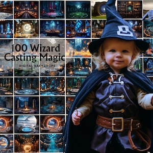 Może przedstawiać: Kolaż 100 cyfrowych tła przedstawiających magiczne sceny z błyszczącymi okręgami i wirującą energią. Tła są idealne do tworzenia zdjęć lub filmów o tematyce fantasy lub magicznej. Tekst "100 Wizard Casting Magic" jest wyświetlany w środku kolażu.