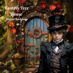 Puede incluir: Un niño pequeño con un sombrero de copa negro y un traje marrón y negro se encuentra frente a la puerta de una casa de árbol de fantasía. La puerta es de madera y tiene un esquema de pintura azul y verde. La casa del árbol está decorada con flores y enredaderas.