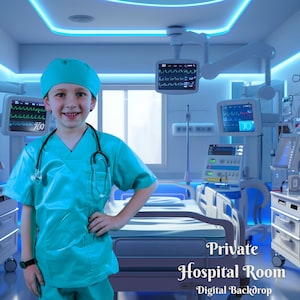Peut inclure: Une jeune personne vêtue d'une tenue de médecin bleue et d'une charlotte bleue se tient dans une chambre d'hôpital. La pièce est équipée de matériel médical, d'un lit d'hôpital et d'une fenêtre. Le texte "Private Hospital Room Digital Backdrop" est en bas de l'image.