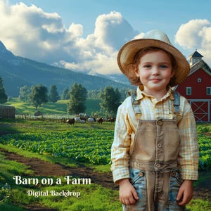 May include: A young person wearing a straw hat and overalls stands in front of a red barn on a farm. The barn has a white trim and a white door. There are green fields and trees in the background. The text "Barn on a Farm - Digital Backdrop" is at the bottom of the image.