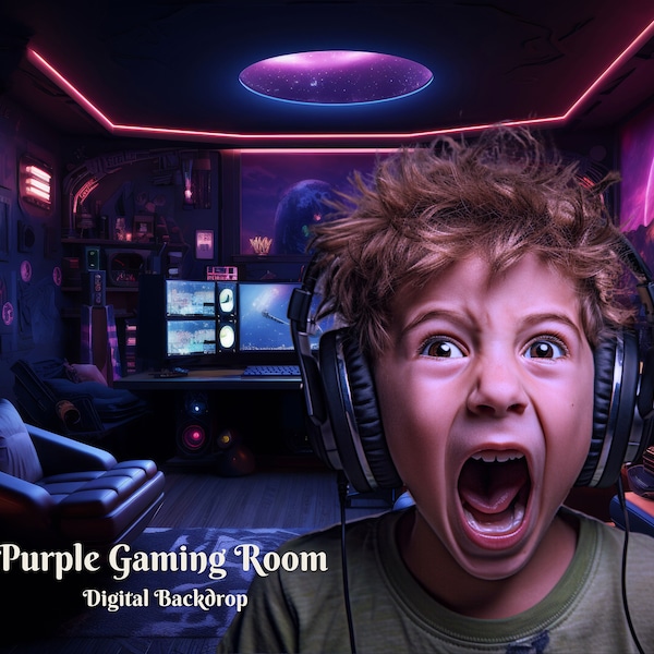 Purple Gaming Room Digital Backdrop for PC Master Race Composite Images Neon Lights Room Digital Background for Creative Game Room for Kids