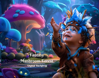 May include: A young child wearing a blue and brown headdress stands in a fantasy mushroom forest. The forest is filled with glowing mushrooms in shades of blue, pink, and purple. The text "Fantasy Mushroom Forest" is written in white on a black background.