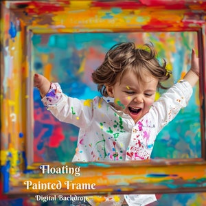 May include: A child covered in colorful paint jumps through a brightly painted frame. The frame is floating in front of a colorful background. The text "Floating Painted Frame" is below the frame.