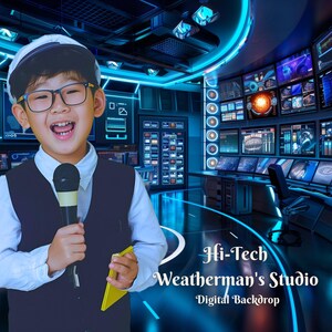Peut inclure: Une jeune personne vêtue d'une chemise bleue et d'un gilet noir tient un microphone devant un fond numérique représentant un studio météo futuriste. Le fond présente de nombreux écrans affichant des données et des graphiques météorologiques. Le texte "Hi-Tech Weatherman's Studio Digital Backdrop" est affiché en bas de l'image.