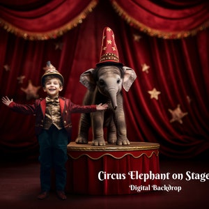 May include: A young person dressed as a circus performer stands next to a baby elephant on a red stage. The elephant is wearing a red and gold hat. The stage is decorated with red curtains and gold stars.