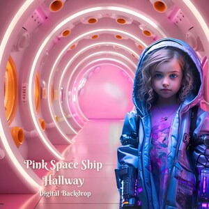 May include: A young person wearing a blue hooded jacket stands in a pink and white futuristic hallway. The hallway is lined with circular openings and glowing lights. The text "Pink Space Ship Hallway Digital Backdrop" is at the bottom of the image.
