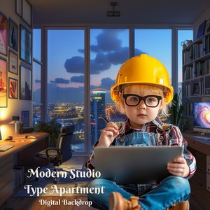 Pode incluir: Uma pessoa jovem usando um capacete amarelo e óculos senta-se em um apartamento tipo estúdio moderno com vista para a cidade. A pessoa está segurando um tablet e um lápis. O texto "Modern Studio Type Apartment Digital Backdrop" é visível na parte inferior da imagem.