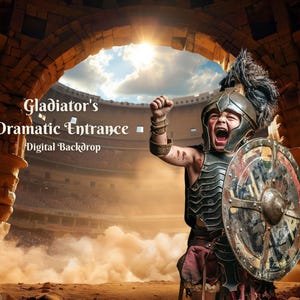 Può includere: Un giovane gladiatore in un costume marrone e oro con uno scudo e un elmo si trova in piedi in un arco di pietra. Il gladiatore guarda a destra e ha un'espressione determinata sul viso. Lo sfondo è un'immagine sfocata di un grande stadio con una folla di persone.