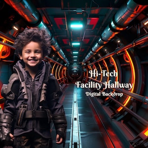 May include: A young person wearing a dark gray jacket with a black belt and silver accents stands in a futuristic hallway with glowing orange and blue lights. The text "Hi-Tech Facility Hallway Digital Backdrop" is visible in the image.