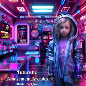 Puede incluir: Una persona joven en una sala de juegos futurista, con una chaqueta azul con capucha. La sala de juegos está iluminada con luces de neón rosa y azul, con el texto "Futuristic Amusement Arcades Digital Backdrop" en la parte inferior.