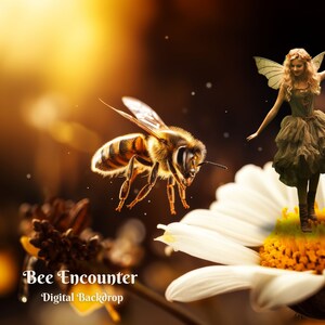 May include: A bee flies towards a white daisy with a fairy standing on the centre of the flower. The fairy is wearing a green dress and has wings. The background is a blurry golden sunset.