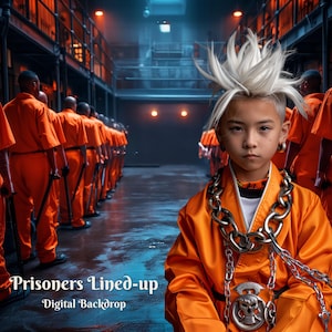 Peut inclure: Une rangée de personnes portant des combinaisons orange se tiennent dans un décor de prison. Un jeune avec des cheveux blancs et un gros collier en chaîne argentée se tient au premier plan. Le texte "Prisoners Lined-up - Digital Backdrop" est en bas de l'image.