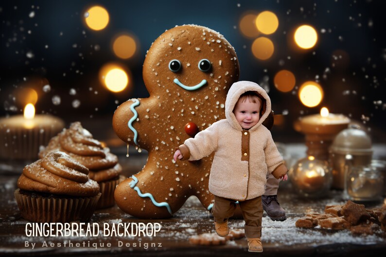 Gingerbread Child Computer Background Happy Gingerbread Digital Backdrop Magical Christmas Photo Background ...