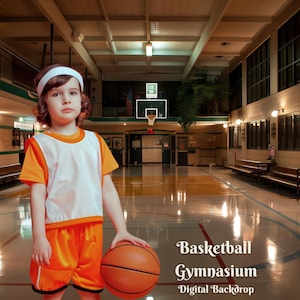 May include: A young person wearing an orange and white basketball uniform holds a basketball in a gymnasium. The gymnasium has a basketball hoop, bleachers, and a wooden floor.