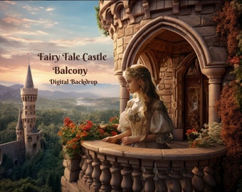 Fairy Tale Castle Balcony Digital Backdrop High Tower Photography Background  for Creative Composite Images Rapunzel&#39;s Balcony Background