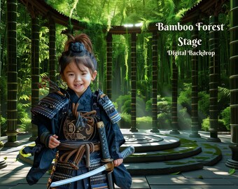 May include: A young person wearing a black and brown samurai costume stands in front of a digital backdrop of a bamboo forest. The backdrop features a circular stone path with steps leading up to a small platform. The text "Bamboo Forest Stage Digital Backdrop" is displayed at the top of the image.