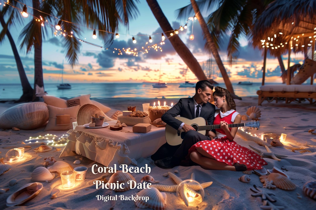 Date Backdrop Coral Beach Picnic Date Digital Backdrop for Summer Vacation Composite ...