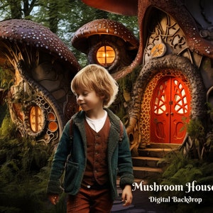 May include: A young boy walks towards a whimsical mushroom house with a red door. The house is made of brown mushrooms with intricate details and a clock on the side. The house is surrounded by lush green foliage.