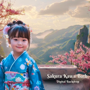 May include: A young girl wearing a blue and pink kimono stands in front of a digital backdrop featuring a mountain range with a stone bath and cherry blossoms. The text "Sakura Kawa Bath - Digital Backdrop" is at the bottom of the image.