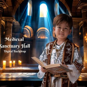 May include: A young person wearing a brown and white robe holds an open book in a medieval sanctuary hall setting. The hall features stone pillars, arches, and a stained glass window. The scene is lit by candles and sunlight streaming through the window.