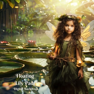 Puede incluir: Una niña vestida con un traje de hada verde con alas se encuentra en un entorno de bosque mágico. Está rodeada de grandes nenúfares flotando en un estanque. La escena está iluminada por una luz cálida y dorada.