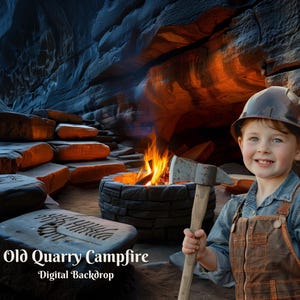 Old Quarry Campfire Digital Backdrop Gold Miner&#39;s Camp Digital Background Stone Cave Camp Digital Background Bonfire in Cave Composite Image