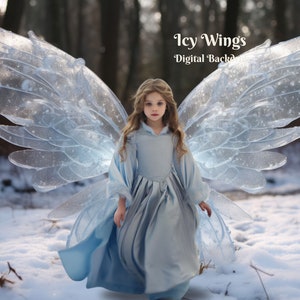 May include: A young girl wearing a light blue dress with long sleeves and a white collar stands in a snowy woodland. She has long blonde hair and is wearing large, translucent, icy wings.