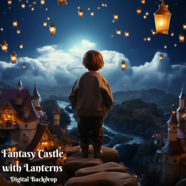 Flying Lanterns on Fantasy Castle Digital Backdrop for Dreamy Fairy Tale Castle Photo Background for Floating Lanterns Creative Images