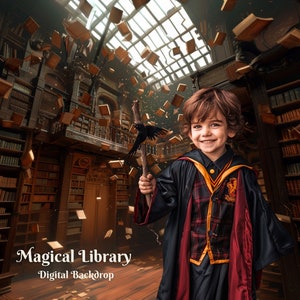 Puede incluir: Un niño pequeño vestido con una túnica negra y roja con ribetes dorados se encuentra en un entorno de biblioteca mágica. Los libros vuelan en el aire a su alrededor. El texto "Magical Library - Digital Backdrop" está en la parte inferior de la imagen.