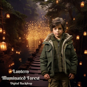 Sfondo di foresta illuminata con lanterna per lanterne galleggianti da sogno sul lago Sfondo fotografico per ponte di foresta fantasy Immagini creative per bambini