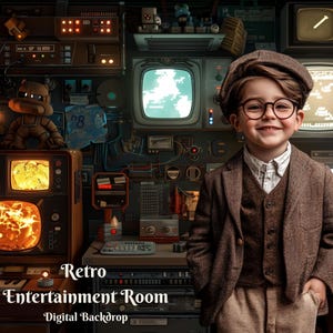Può includere: Un bambino con un abito di tweed marrone e occhiali sorride in una sala di intrattenimento retrò. La stanza presenta televisori vintage, pannelli di controllo e una tastiera. Il testo sull'immagine recita "Retro Entertainment Room Digital Backdrop."