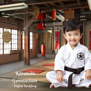 May include: A young child in a white karate uniform with a black belt sits in a traditional karate dojo. The dojo has red punching bags, wooden beams, and red banners with Japanese characters. The text on the banner reads "本場道".