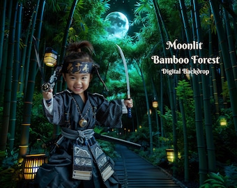 May include: A young person dressed in a black samurai costume with a sword, standing in a moonlit bamboo forest. The text "Moonlit Bamboo Forest Digital Backdrop" is visible in the top right corner of the image.