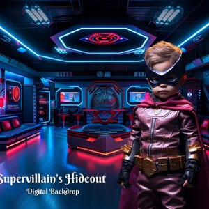 May include: A child dressed as a superhero stands in a futuristic, neon-lit room. The room has a couch, a table, and a large screen. The text "Supervillain's Hideout - Digital Backdrop" is at the bottom of the image.