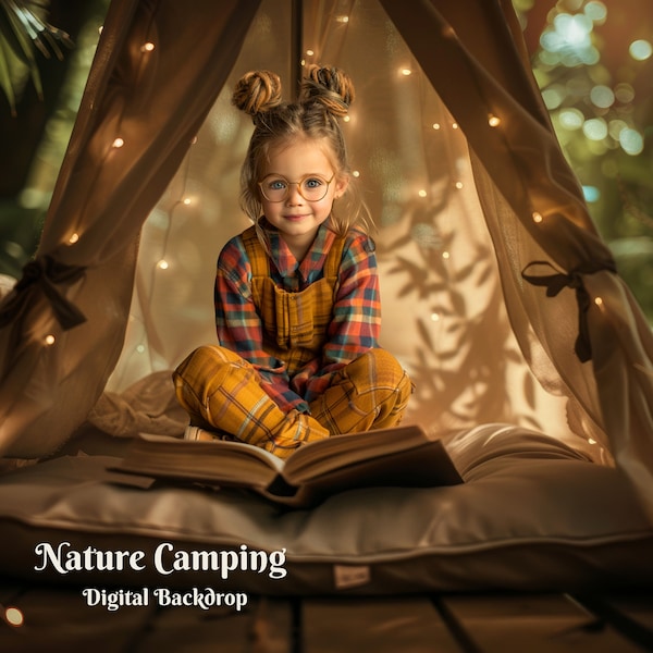 Nature Camping Digital Backdrop Nature Lover Photography Background for Fairy Lights Tent Creative Composite Images for Bibliophile on Camp