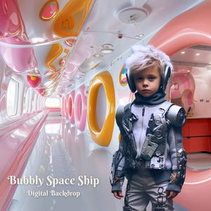 May include: A young person wearing a futuristic, silver and gray outfit stands in a pink and white spaceship-themed room. The room has large, round, colorful windows and a pink floor. The text "Bubbly Space Ship - Digital Backdrop" is at the bottom of the image.