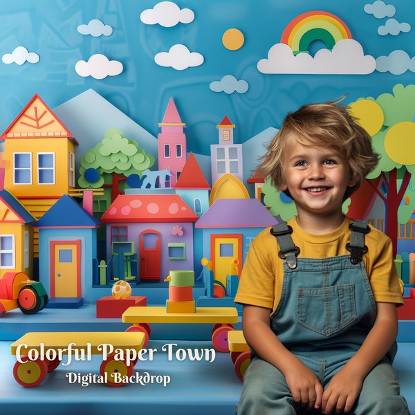 Colorful Paper Town Digital Backdrop Paper Mache City Photo Background for Cardboard Houses Composite Images for Kid's Creative Backdrop