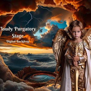 May include: A child dressed as an angel with golden wings and armor stands in a cloudy, stormy sky. The background features a swirling vortex of clouds and a lightning bolt. The text "Cloudy Purgatory Stage" and "Digital Backdrop" is visible.