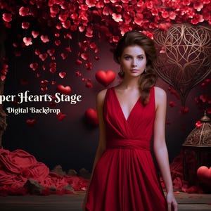 Paper Hearts Stage Digital Backdrop for Valentines Composite Images Hearts Day Digital Background for Romantic Photo Images for Heart's Day