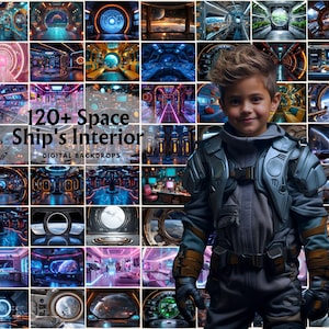 Puede incluir: Un collage de más de 120 fondos digitales que representan interiores futuristas de naves espaciales. Los fondos son una mezcla de diseños coloridos y metálicos, con varios efectos de iluminación y detalles. El texto "120+ Space Ship's Interior" se muestra en el centro de la imagen.