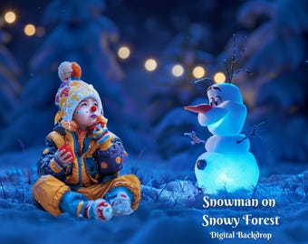 Muñeco de nieve en un bosque nevado Fondo digital Fondo fotográfico de invierno Noche de invierno Superposición creativa Fondo de invierno frío Superposiciones de invierno azul