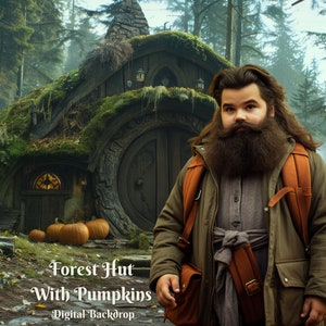 May include: A man with a long beard stands in front of a mossy forest hut with a round door. There are pumpkins in front of the hut. The text "Forest Hut With Pumpkins Digital Backdrop" is at the bottom of the image.