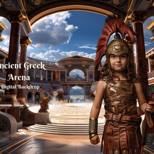 Può includere: Un giovane vestito da guerriero romano si trova in un'antica arena greca. L'arena è in pietra e ha un grande spazio aperto al centro. Il guerriero indossa una tunica di cuoio marrone e un elmo con una piuma rossa. Tiene uno scudo nella mano destra. Il testo "Ancient Greek Arena Digital Backdrop" è visibile nella parte inferiore dell'immagine.