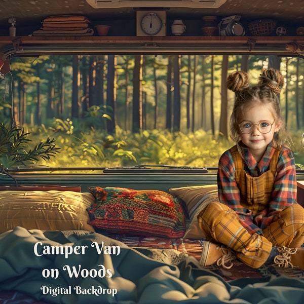 Camper Van on Woods Digital Backdrop Nature Lover Photography Background for RV Van Camping Creative Composite Images for Vehicle Glamping