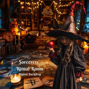 May include: A young girl dressed as a sorceress in a black dress and a pointed black hat holds a red apple in a dimly lit room with candles and bookshelves. The text "Sorceress' Ritual Room Digital Backdrop" is on the table in front of her.