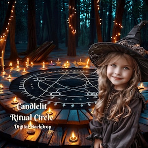 May include: A young girl wearing a witch's hat stands in a dark woodland setting. She is surrounded by a circle of lit candles and a pentagram drawn on the ground. The text "Candlelit Ritual Circle" is written on the ground in front of her.
