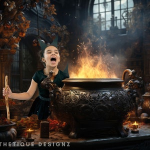 Witch Cauldron Halloween Digital Backdrop Witch Hut Digital Background Scary Theme Photoshop Overlay for Photography backgrounds