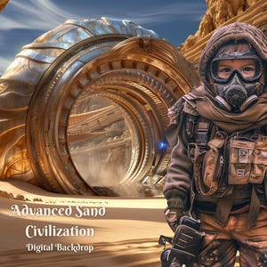 Puede incluir: Un niño con una chaqueta marrón con capucha y una máscara de gas se encuentra frente a una gran estructura circular dorada. La estructura tiene una gran abertura en el centro, que revela un paisaje arenoso. El texto "Advanced Sand Civilization Digital Backdrop" es visible en la parte inferior de la imagen.