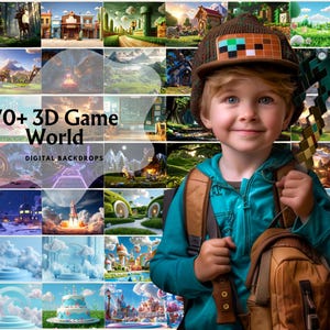 以下が含まれることがあります： 70種類以上の3Dゲームワールドデジタル背景のコラージュ。背景は、森、城、風景など、さまざまなシーンを特徴としています。テキスト「70+ 3D Game World」はコラージュの中央に表示されます。